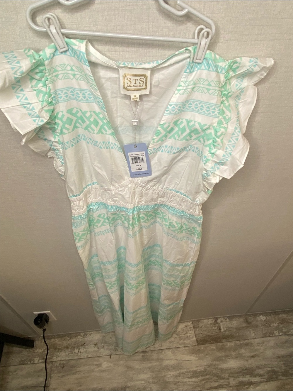Sail to Sable White and Mint Green Printed Flutter-Sleeve Dress